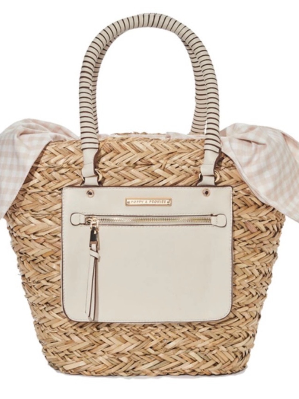Poppy & Peonies straw tote with wrapped handles